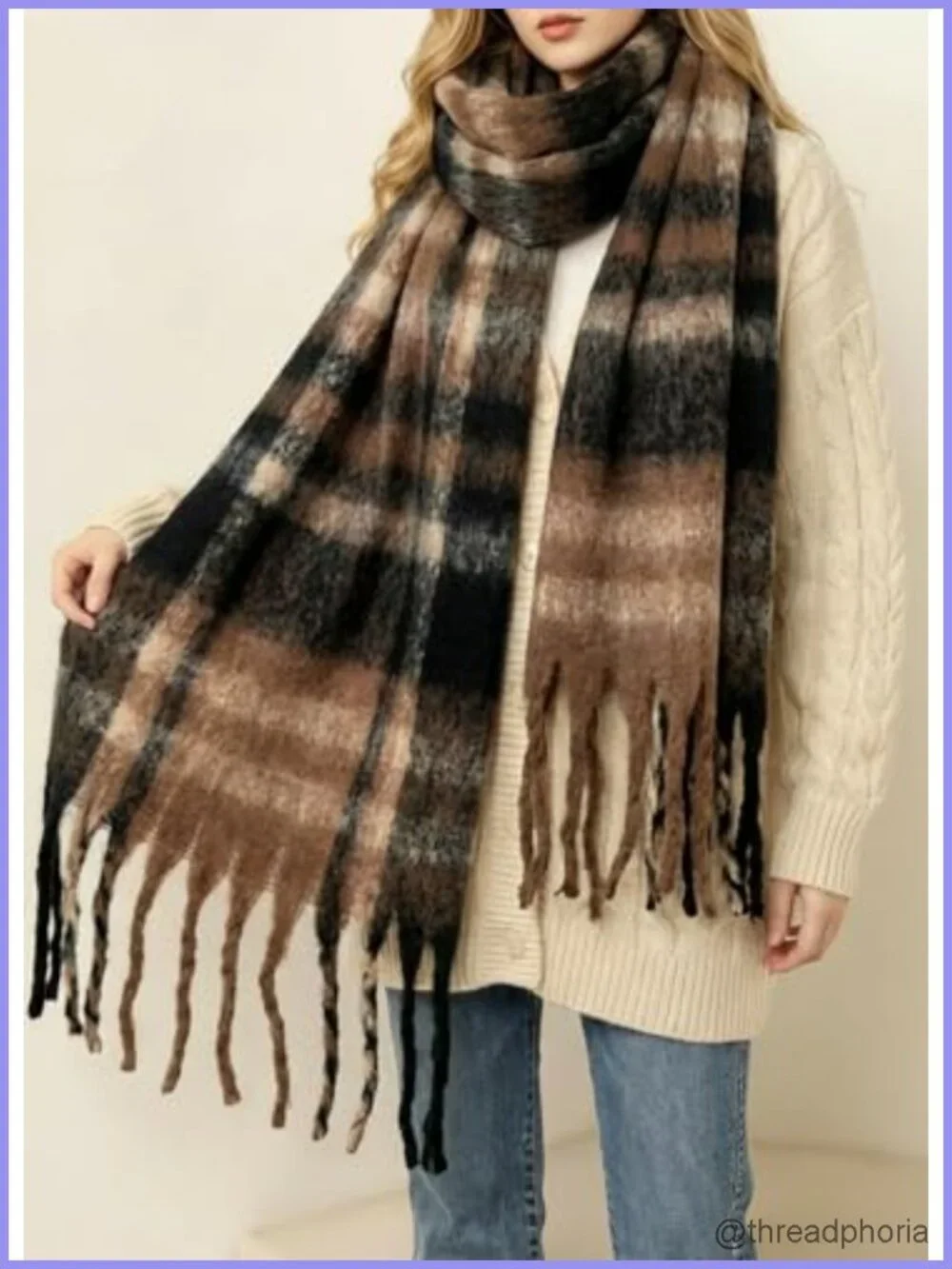 Oversized Chunky Knit Plaid Blanket Scarf Shawl Wrap for Women Heavyweight 100%